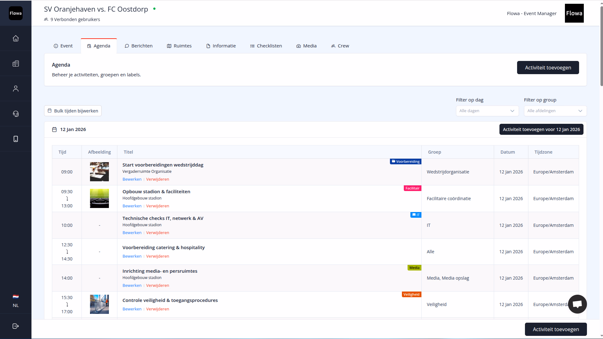 Flowa-dashboard met de agenda van een wedstrijddag