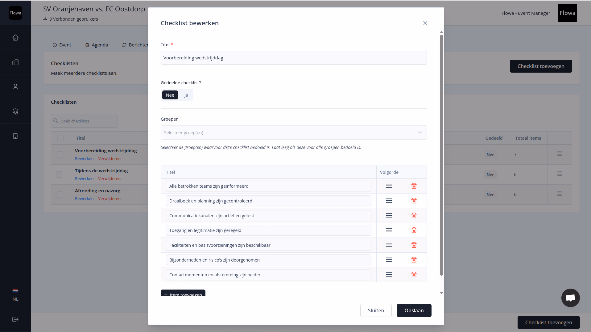 Flowa-dashboard met de checklisten van een wedstrijddag